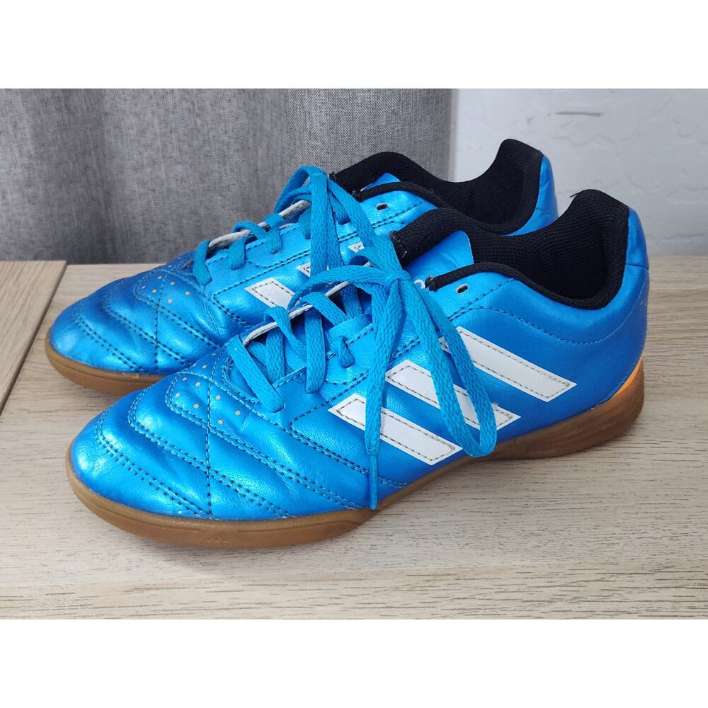 Adidas Indoor Soccer Shoes Kids Size 3 Metallic Blue Shiny White Orange Youth
